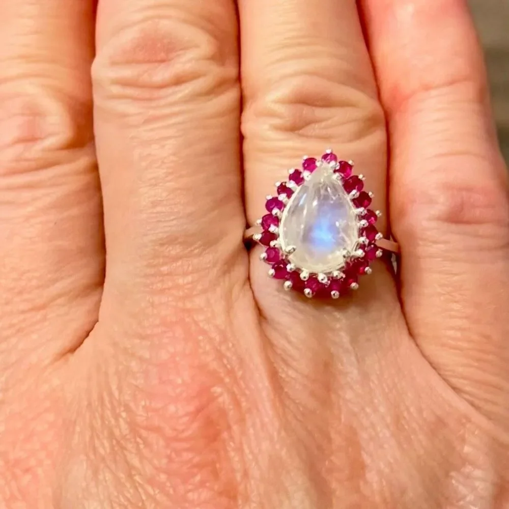 Celestial Halo: Pear-Cut Rainbow Moonstone and Ruby Cluster Ring Size 6 New